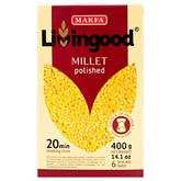 Makfa – Livingood Polished Millet, 400g: yellow millet image on pack, cooks in 20 minutes, includes 6 boiling bags, and is a source of protein.